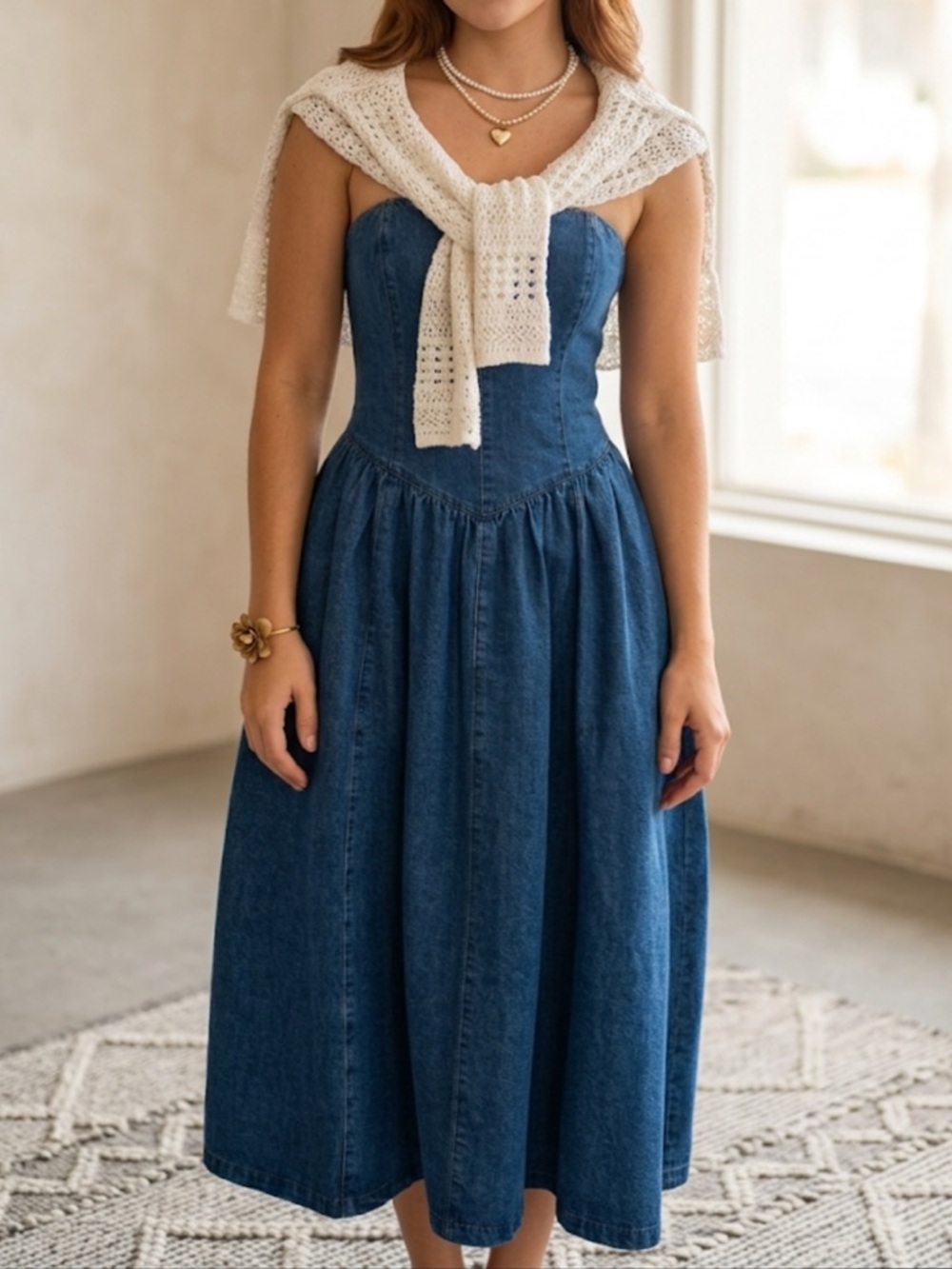 Strapless Denim Midi Dress in Dark Blue